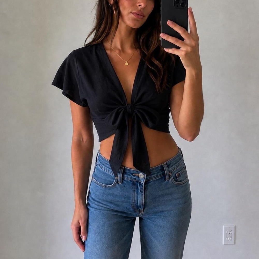 Seduction Y2K Black Tie Front Crop Top Flutter Sleeves Deep Vneck Women S
